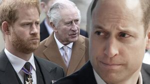 Prinz Harry guckt traurig, König Charles III. guckt wütend zur Seite, Prinz William ernst
