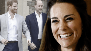 Prinzessin Kate lacht - im Hintergrund Prinz William und Harry