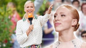 Collage Andrea Kiewel beim Fernsehgarten und Anna Ermakova