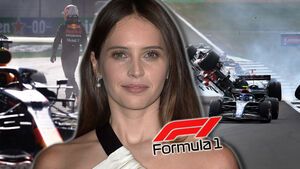 Felicity Jones vor Unfall-Bildern aus der Formel 1