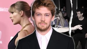 Joe Alwyn steht vor Taylor Swift, im Hintergrund ein Bild von Taylor und Matty Healy mit Riss