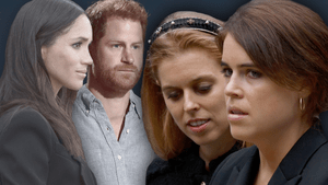 Montage: Prinzessin Eugenie, Prinzessin Beatrice schauen traurig - im Hintergrund Prinz Harry und Herzogin Meghan ernst