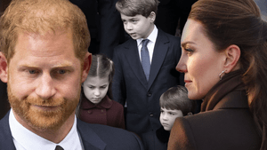 Prinzessin Kate und Prinz Harry schauen ernst - im Hintergrund George, Charlotte und Louis
