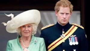 Königin Camilla und Prinz Harry stehen mit ernsten Gesichtern nebeneinander