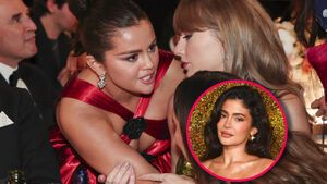 Selena Gomez beugt sich zu Taylor Swift herunter, Kylie Jenners Gesicht ist in einem Kreis zu erkennen
