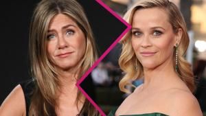 Collage Jennifer Aniston und Reese Witherspoon mit pinken Blitz