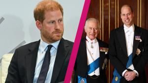 Prinz Harry sieht nachdenklich zur Seite, König Charles und Prinz William lächeln stolz