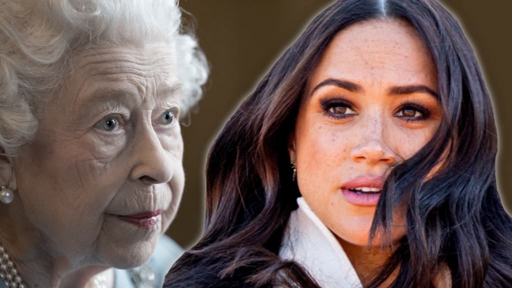 Herzogin Meghan und Queen Elizabeth II schauen ernst