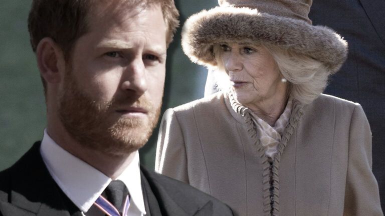 Prinz Harry guckt ernst, Queen Consort Camilla guckt zur Seite