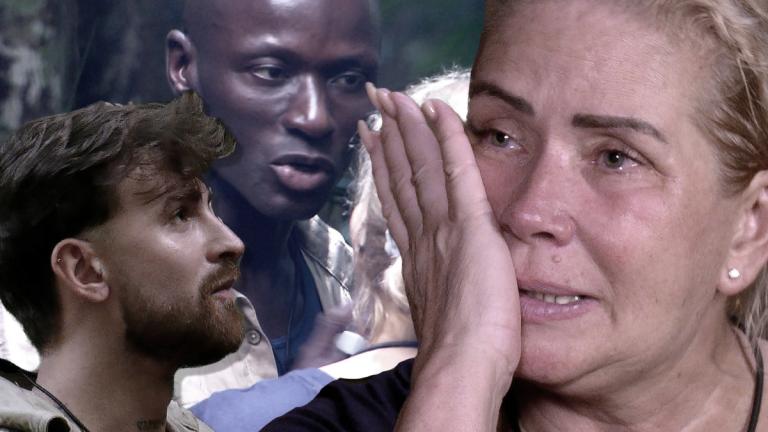Claudia Effenberg weint im Dschungelcamp, Gigi Birofio guckt nach oben, Papis Loveday sauer