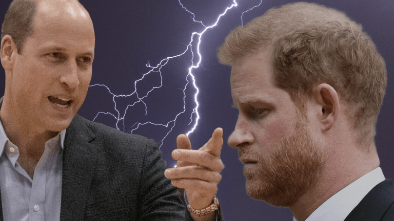 Prinz William zeigt mit dem Finger auf Prinz Harry, Fotomontage
