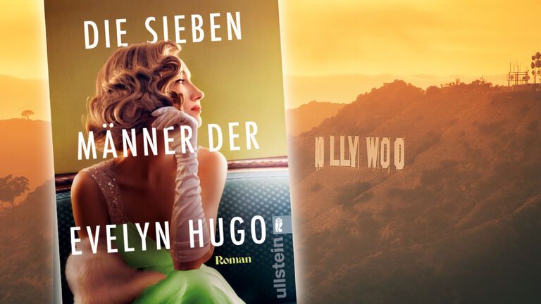 "Die sieben Männer der Evelyn Hugo"-Cover vor Hollywood-Zeichen