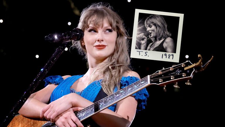 Taylor Swift hält lächelnd Gitarre in der Hand, neben ihr ein Polaroid aus "1989"-Zeiten