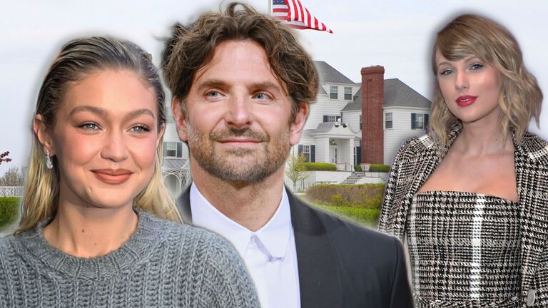 Gigi Hadid und Bradley Cooper lächeln, im Hintergrund steht Taylor Swift lächelnd und ein Bild von ihrem Haus in Rhode Island
