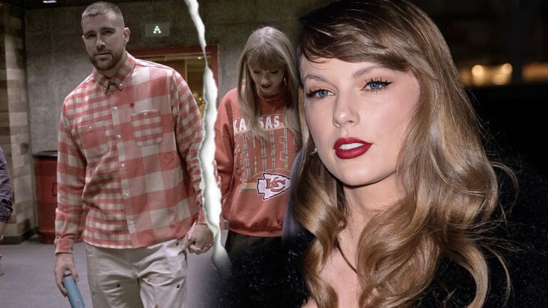 Taylor Swift sieht enttäuscht aus, im Hintergrund ein zerrissenes Bild von ihr und Travis Kelce beim Händchenhalten