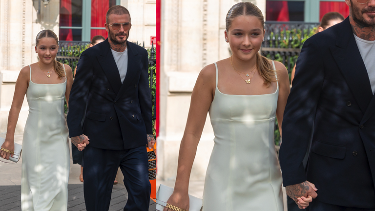 David Beckham mit Tochter Harper Beckham, die ein weißes, schulterfreies Kleid trägt 