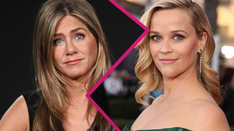 Collage Jennifer Aniston und Reese Witherspoon mit pinken Blitz