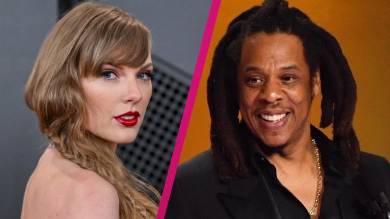 Collage Taylor Swift und Jay-Z mit pinken Strich