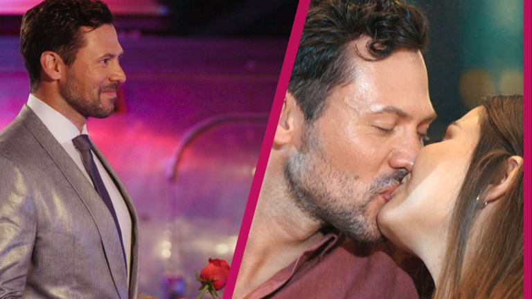 "Bachelors" Sebastian Klaus mit einer Rose und bei einem Kuss mit Eva Thümling 