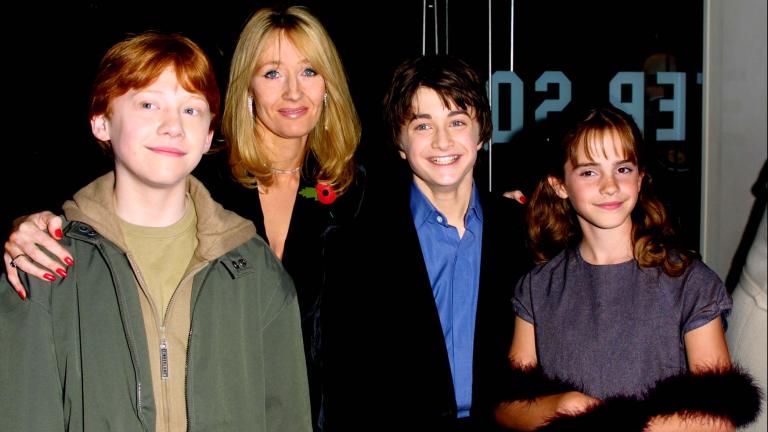 J.K. Rowling mit Rupert Grint, Daniel Radcliffe und Emma Watson